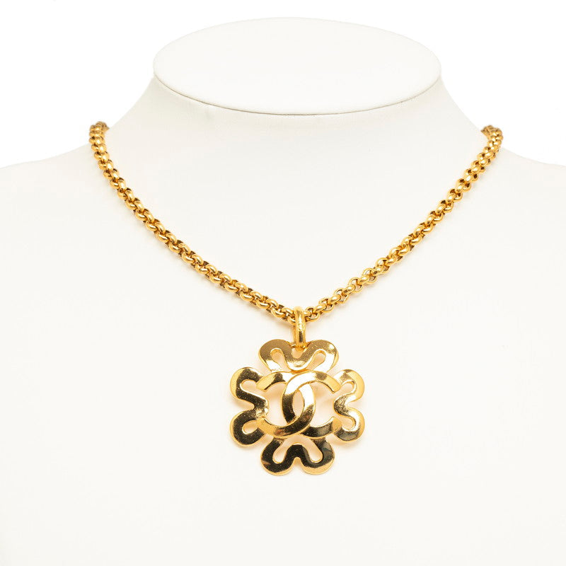 Chanel Vintage Coco Mark Clover Necklace Gold Plated Women's