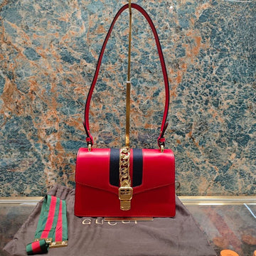 Gucci Sylvie Red Leather Chain Accent Shoulder Bag 26x17x8cm