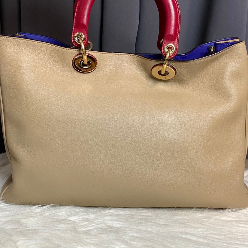 Dior Beige Leather Tote Bag with Red Handles and Gold Hardware