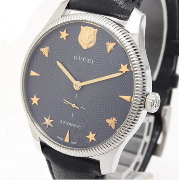 Gucci G-Timeless Automatic Watch 40mm Grey Dial Stainless Steel Case Black Leather Strap