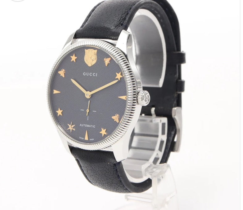 Gucci G-Timeless Automatic Watch 40mm Grey Dial Stainless Steel Case Black Leather Strap