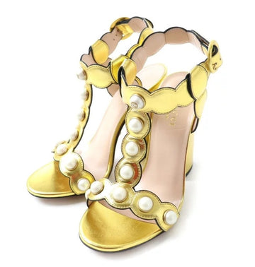 Gucci Metallic Gold Leather Pearl Embellished Sandals Size 36