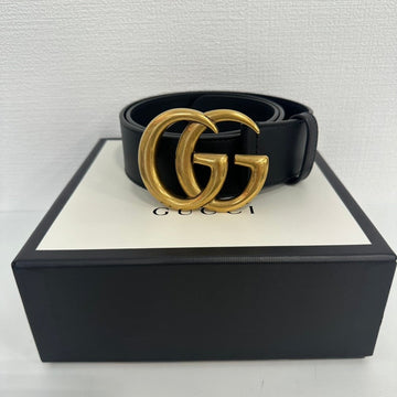 Gucci GG Marmont Black Leather Belt with Gold Buckle, Adjustable 70-80cm (27.5-31.5”)