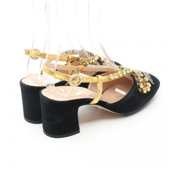 Gucci Velor Black Gold Bijou Back Strap Pumps