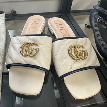 Gucci White Slide Sandals with Gold GG Logo, Size 38