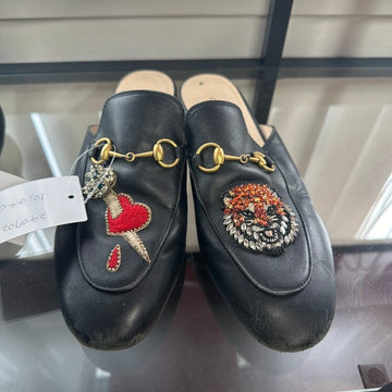 Gucci Black Leather Loafers with Embroidered Tiger and Heart - Size 9/38.5