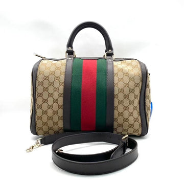 Gucci GG Supreme Canvas Beige/Brown Two-Way Boston Bag with Red and Green Web Stripe