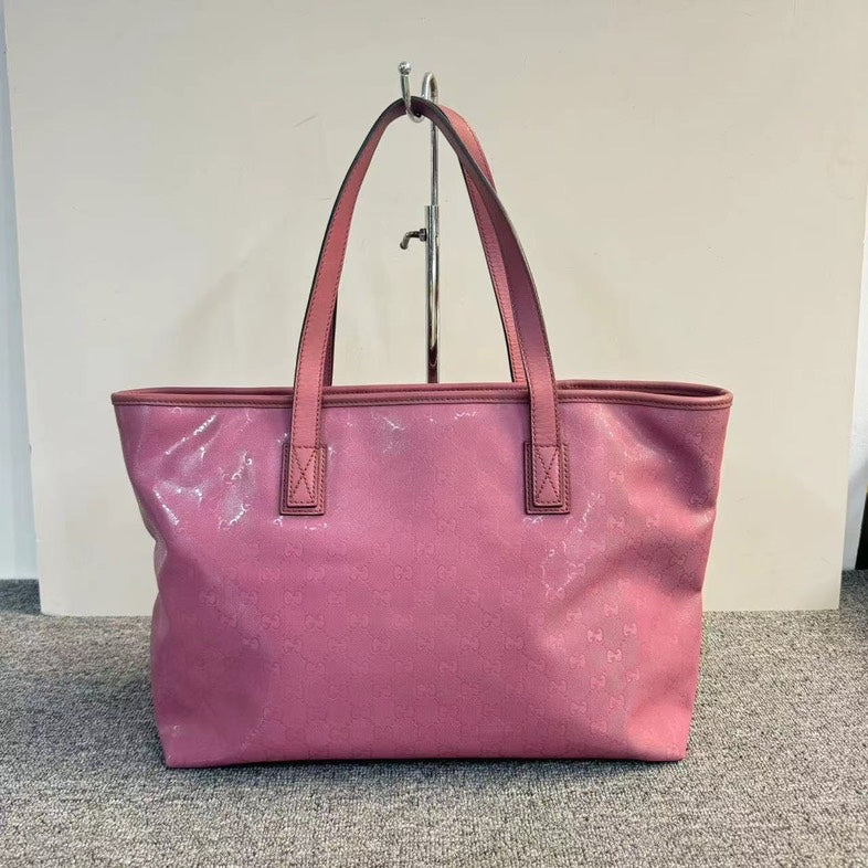 Gucci Pink Leather GG Canvas Tote Bag Large