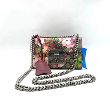 Gucci Padlock Small Flora Print Shoulder Bag with Silver Chain Strap
