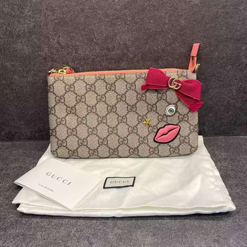 Gucci Ophidia GG Canvas Gray Pochette with Red Bow Embellishment