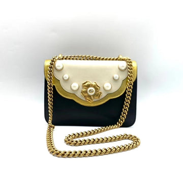 Gucci Small Black and White Leather Chain Bag with Gold Accents