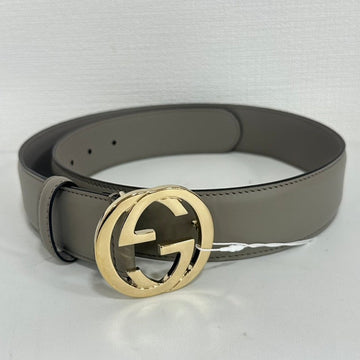 Gucci Interlocking G Leather Belt Taupe Gold Buckle 27.5-31.5” 70-80cm