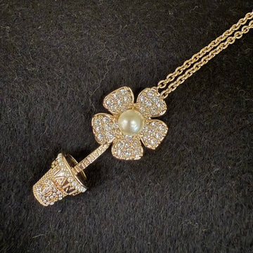 Chanel Rhinestone Flower Necklace Gold Pearl