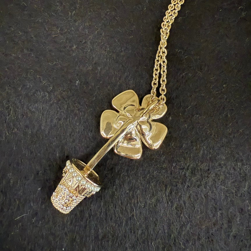 Chanel Rhinestone Flower Necklace Gold Pearl