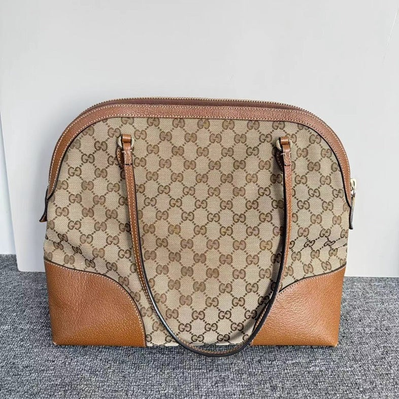 Gucci Beige Ebony GG Canvas Tan Leather Sukey Large Tote Bag