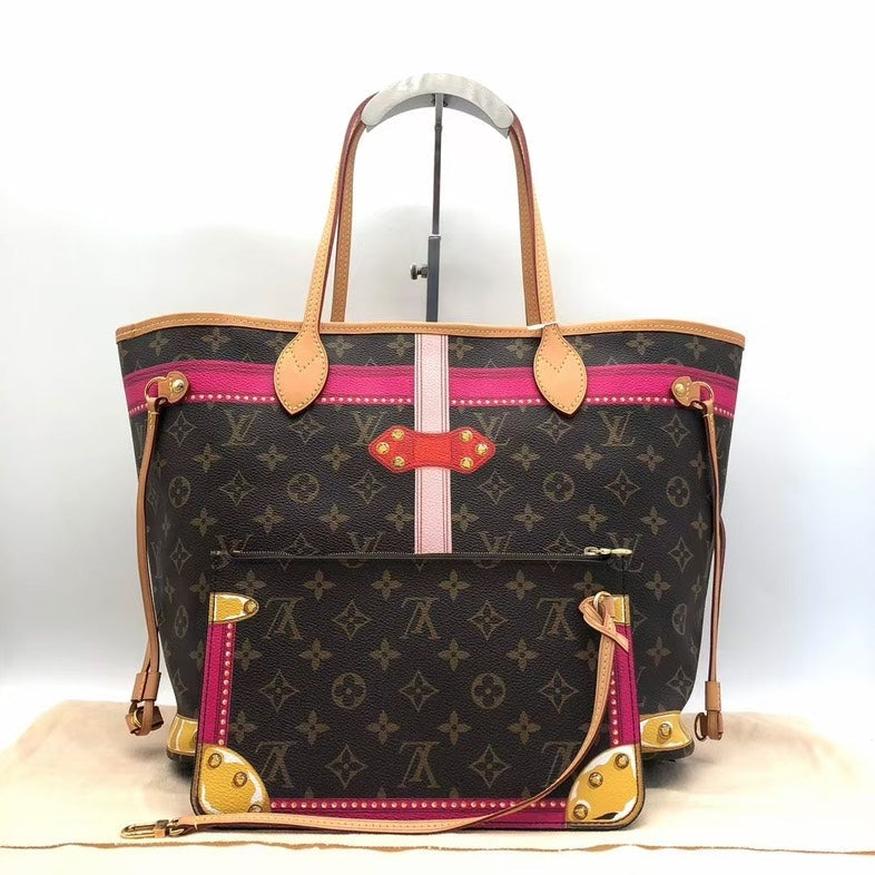 Louis Vuitton Neverfull Monogram Canvas Tote Bag Pink Trim Medium