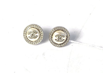 Chanel White Pearl Crystal Logo Round Earrings