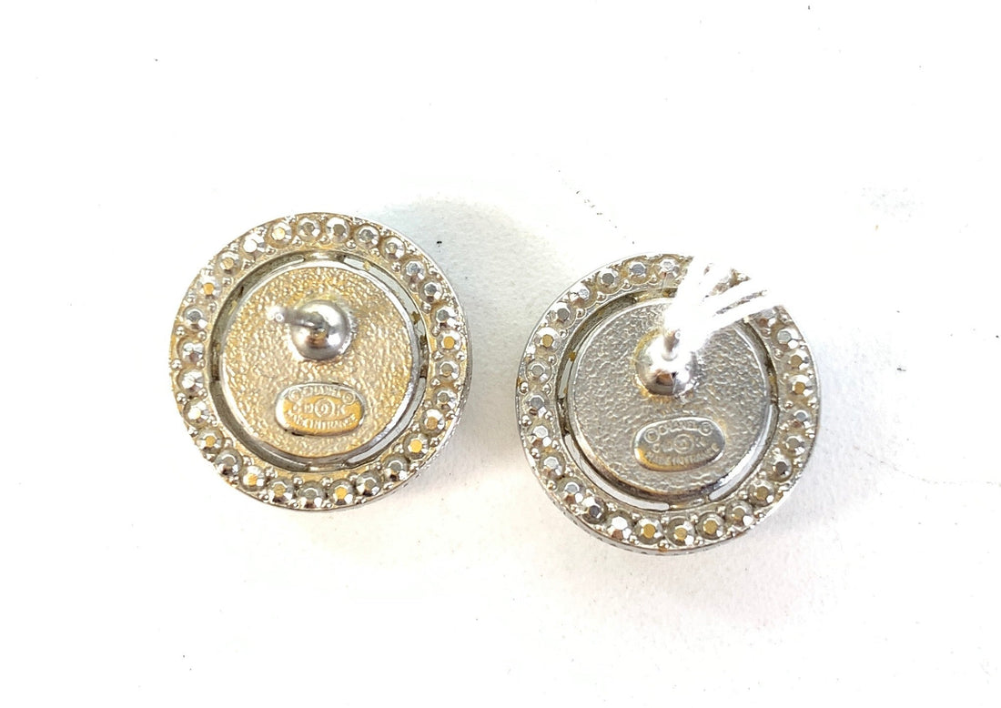 Chanel White Pearl Crystal Logo Round Earrings