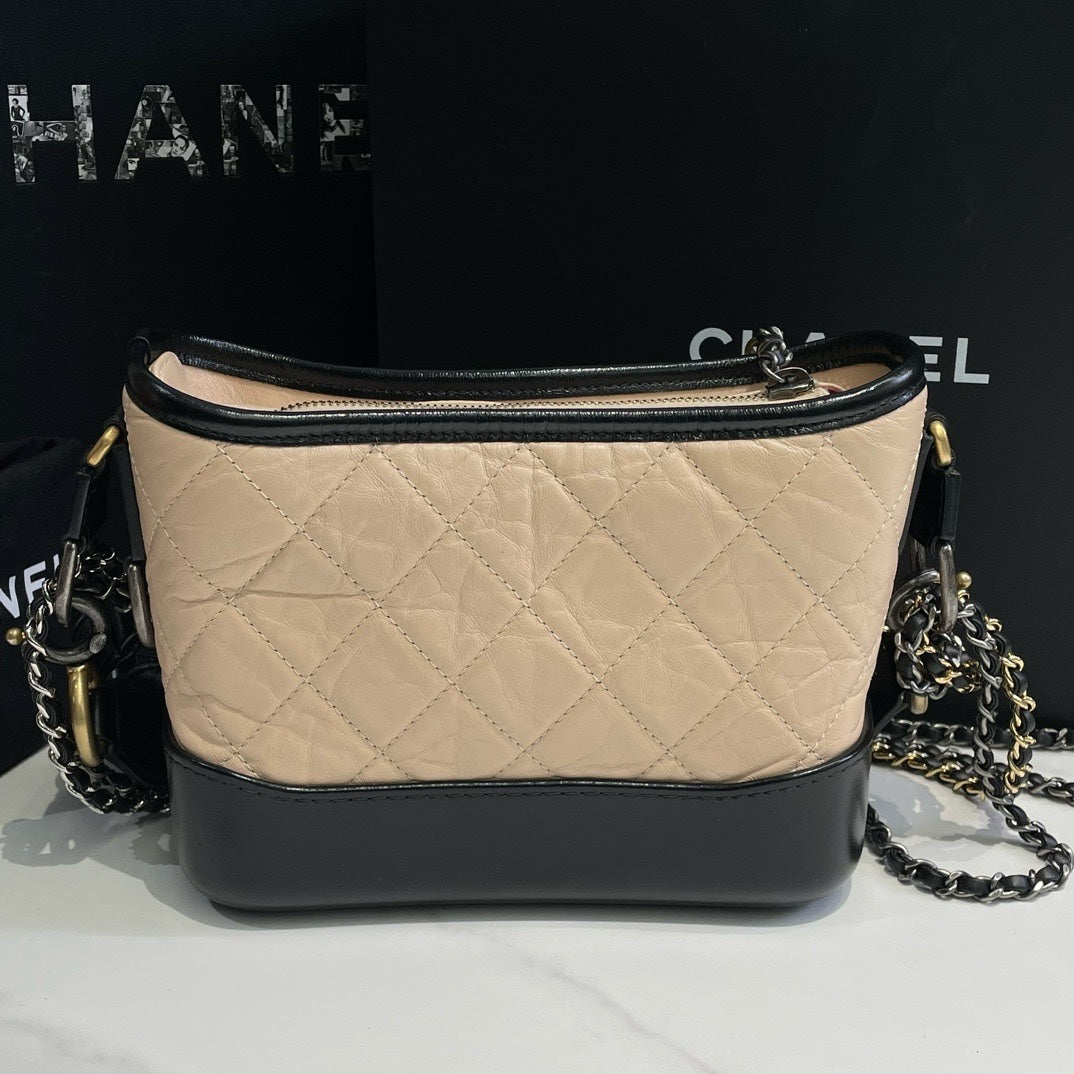 Chanel Small Gabrielle Hobo Beige Black Quilted Leather Bag 28 2019