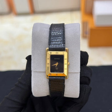 Gucci Gold Black Leather Rectangle Watch 33x22x6mm