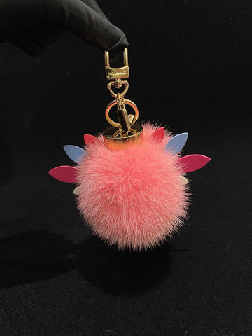 Louis Vuitton Pink Fur Pom Pom Bag Charm Keychain Multicolor Petals