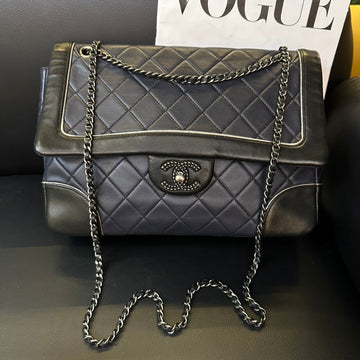 Chanel Color-Blocked Sheepskin CF Chain Crossbody Bag Black and Grey Medium