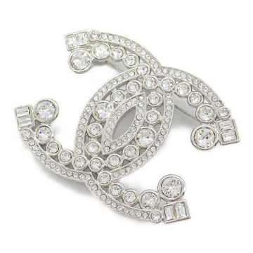 Chanel Silver Plated Coco Mark Brooch Clear Stone
