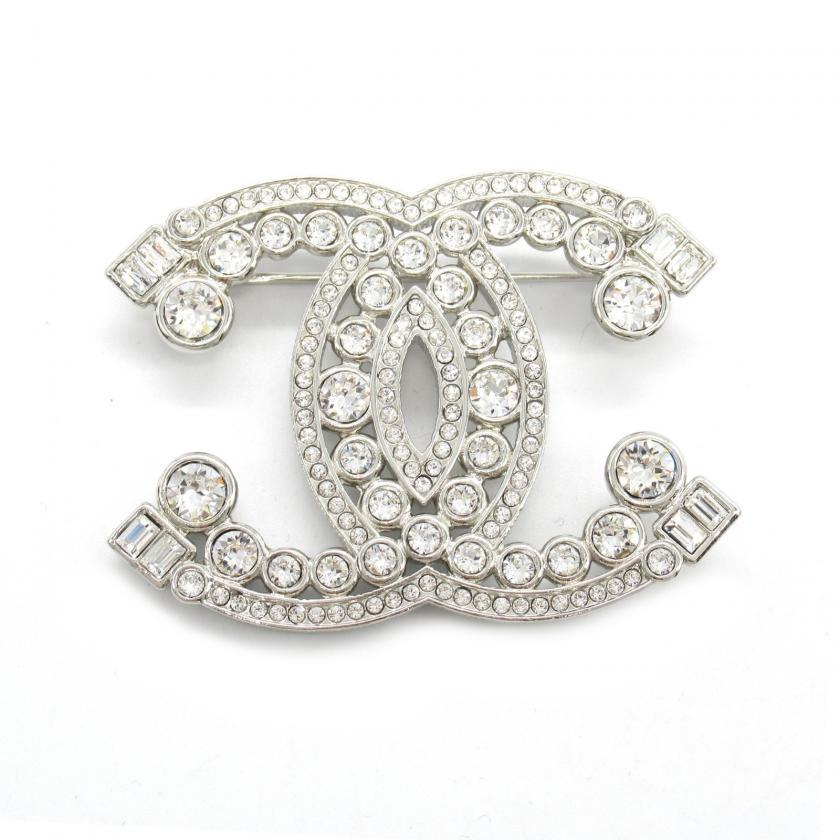 Chanel Silver Plated Coco Mark Brooch Clear Stone