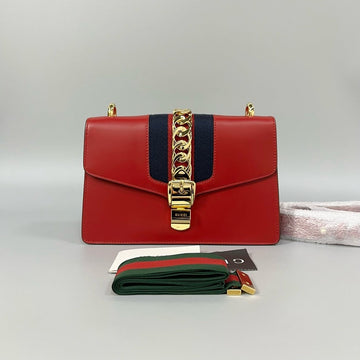 Gucci Sylvie Medium Red Leather Shoulder Bag 25.5x17x8cm
