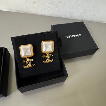 Chanel Gold Pearl Logo Drop Earrings Square