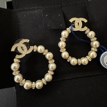 Chanel Pearl Gold Crystal CC Drop Hoop Earrings