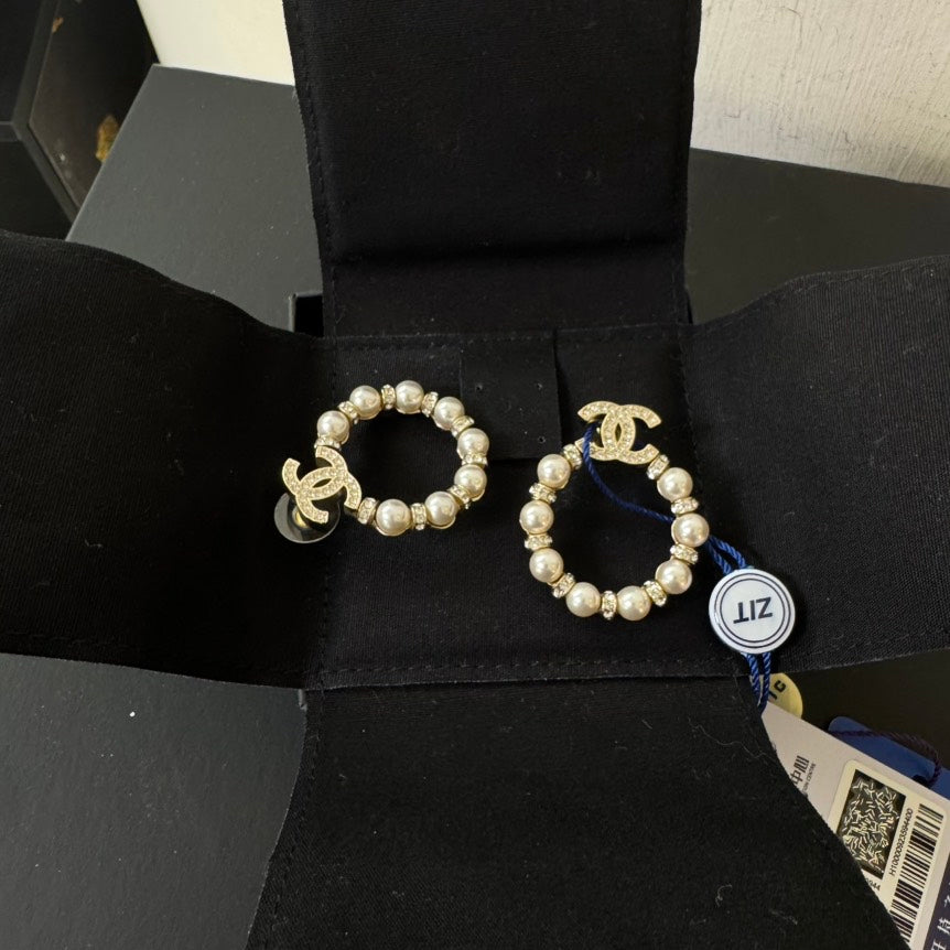 Chanel Pearl Gold Crystal CC Drop Hoop Earrings