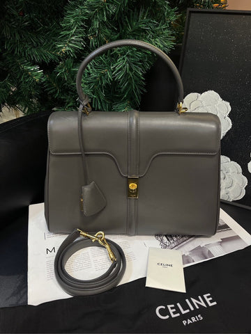 Celine Soft 16 Gray Cowhide Gold Buckle Handbag