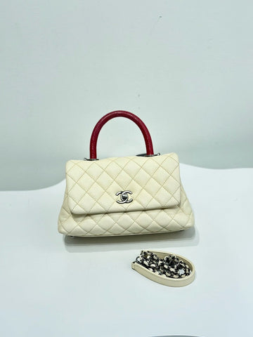 Chanel Coco White Quilted Leather Handle Bag Red Top Handle Elegant Medium