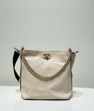 Chanel Beige Leather Quilted Chain Tote Bag Medium