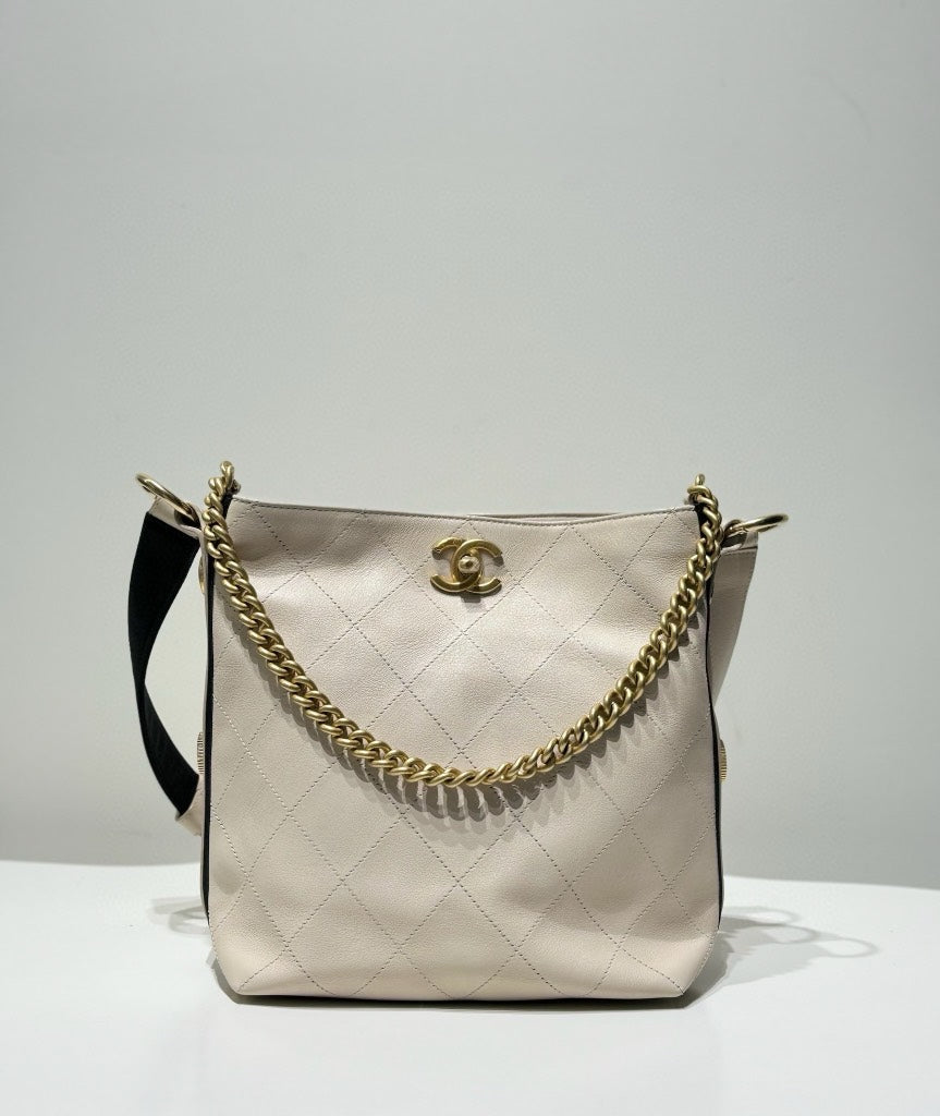 Chanel Beige Leather Quilted Chain Tote Bag Medium