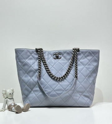 Chanel Quilted Blue Leather Tote Bag Large Silver Chain