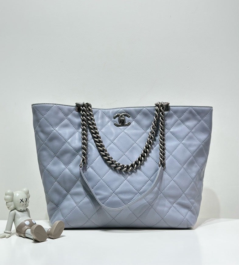 Chanel Quilted Blue Leather Tote Bag Large Silver Chain