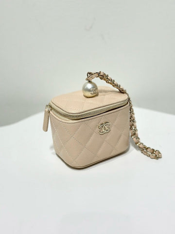 Chanel Vanity Case Beige Quilted Leather Mini with Chain Pearl Detail