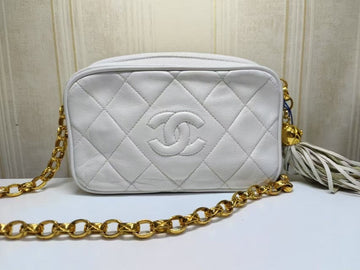 Chanel White Leather Quilted Camera Bag Medium Size