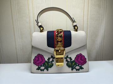 Gucci Sylvie White Floral Embroidered Leather Bag Medium