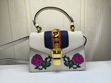 Gucci Sylvie White Floral Embroidered Leather Shoulder Bag Medium