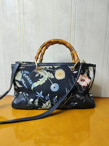 Gucci Bamboo Black Floral Canvas Handbag Medium Size
