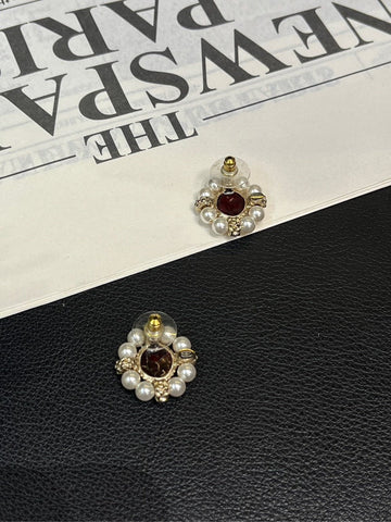 Chanel Camellia Red Pearl Stud Earrings