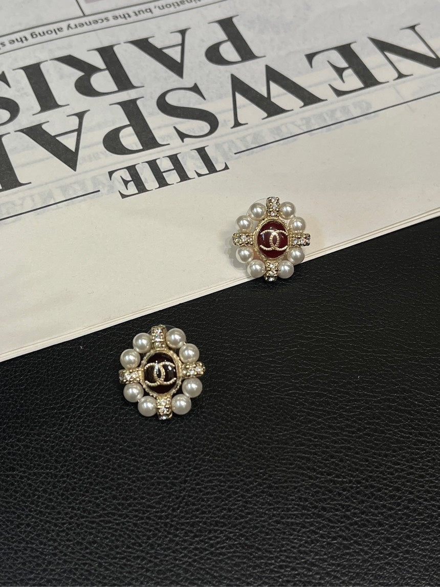 Chanel Camellia Red Pearl Stud Earrings