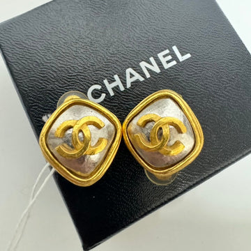Chanel Gold Silver CC Logo Square Stud Earrings