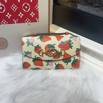 Gucci Strawberries Print GG Supreme Mini Shoulder Bag Cream
