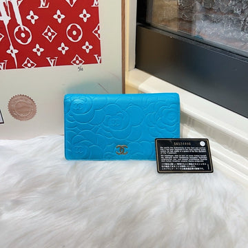 Chanel Camellia Blue Leather Embossed Wallet Medium