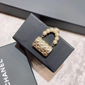 Chanel Gold Quilted Handbag Pearl Handle Pin Brooch