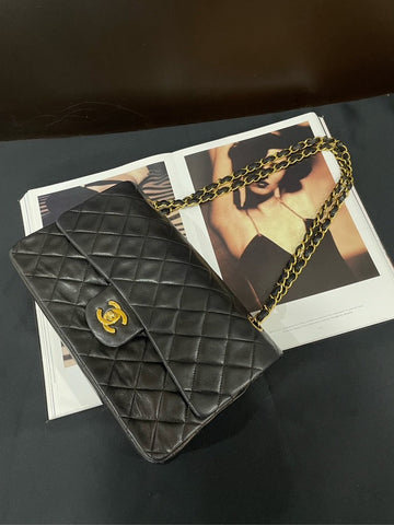 Chanel Vintage Medium Black Sheepskin Double Flap Bag Golden CC